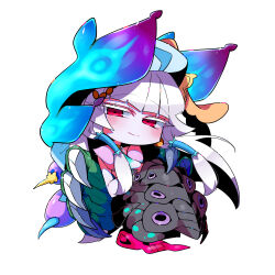 1girl absurdres blue_hat blue_wings blush_stickers butterfly_hat_ornament butterfly_wings claws closed_mouth commentary_request full_body hair_tubes half-closed_eyes hat hat_ornament highres insect_wings konyak9konnya9 long_hair looking_at_viewer monster_girl porcelain_forest_princess_(sekaiju) princess_gutrune_(sekaiju) red_eyes sekaiju_no_meikyuu sekaiju_no_meikyuu_3 simple_background smile solo split_mouth white_background white_hair wings 