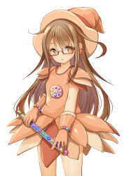  1girl absurdres brown_eyes brown_hair commentary_request cosplay cowboy_shot dress earrings fujiwara_hazuki fujiwara_hazuki_(cosplay) glasses gloves hat highres jewelry kantai_collection long_hair looking_at_viewer mochizuki_(kancolle) ojamajo_doremi orange_dress orange_gloves orange_hat peperuto_pollon red-framed_eyewear simple_background solo training_tap trait_connection wand white_background witch_hat yashin_(yasinz) 