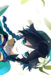  1boy androgynous bangs beret black_hair blue_hair bow braid collared_cape commentary_request flower genshin_impact gradient_hair green_eyes green_headwear hair_flower hair_ornament hat highres leaf looking_at_viewer male_focus moai_on multicolored_hair open_mouth short_hair_with_long_locks side_braids sidelocks sideways simple_background smile solo twin_braids venti_(genshin_impact) white_background white_flower 