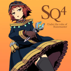  1girl black_thighhighs blue_robe brown_eyes brown_gloves brown_hair commentary_request english_text frilled_robe frilled_sleeves frills from_below fur-trimmed_headwear fur_trim garter_straps gloves gradient_background holding holding_wand orange_background pom_pom_(clothes) robe rune_master_(sekaiju) rune_master_4_(sekaiju) sekaiju_no_meikyuu sekaiju_no_meikyuu_4 short_hair solo standing thigh-highs variant_set wand wide_sleeves yuo0 