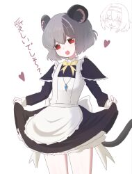  2girls absurdres alice_margatroid alternate_costume animal_ears apron black_dress bow bowtie commentary_request cookie_(touhou) cowboy_shot curtsey dress enmaided grey_hair heart highres ichigo_(cookie) jewelry long_sleeves looking_at_viewer maid mouse_ears mouse_girl mouse_tail multiple_girls nazrin necklace nyon_(cookie) open_mouth red_eyes short_hair simple_background smile solo_focus tail touhou translation_request ukiuki_ukio white_apron white_background yellow_bow yellow_bowtie 