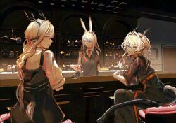  3girls absurdres alina_(arknights) alternate_costume animal_ears arknights bar_(place) bartender black_dress black_gloves black_overalls black_vest blue_eyes braid cocktail_glass collared_shirt commentary_request cup deer_ears deer_tail dragon_girl dragon_horns dragon_tail dress drinking_glass ear_ornament frostnova_(arknights) gloves hair_intakes hair_ornament highres horns indoors long_hair looking_at_another medium_hair multiple_girls necktie one_eye_closed overalls rabbit_ears rabbit_girl red_necktie scar scar_on_face scar_on_nose sea_onion0023 shirt short_hair smile tail tail_through_clothes talulah_(arknights) twitter_username vest white_hair white_shirt wine_glass 