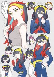  >_< 1boy 1girl :< :3 anger_vein bag black_hair blue_gakuran blue_jacket blue_pants blue_shirt brother_and_sister carmine_(pokemon) chibi chibi_inset closed_mouth collared_shirt colored_inner_hair commentary_request crossed_bangs crying fanny_pack gloves grabbing_own_hair grey_background grey_tank_top hair_between_eyes hairband hand_on_own_hip highres holding_own_hair jacket kieran_(pokemon) long_hair long_sleeves looking_at_viewer mole mole_on_neck mole_under_eye multicolored_hair multiple_views necktie ofuton_1414 pants pokemon pokemon_scarlet_and_violet purple_hair red_gloves red_hair red_necktie shirt siblings simple_background single_glove standing tank_top two-tone_hair upper_body white_jacket yellow_bag yellow_eyes yellow_hairband 