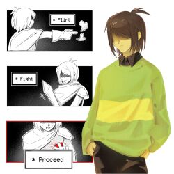  1other black_shirt bo_u_1 brown_hair cape collared_shirt colored_skin deltarune green_sweater heaert highres kris_(dark_world)_(deltarune) kris_(deltarune) long_sleeves multiple_views other_focus partially_shaded_face pointing puffy_long_sleeves puffy_sleeves red_soul_(utdr) shirt short_hair single_horizontal_stripe soul_(utdr) sweater sword utdr_(toby_fox) weapon weird_route_(deltarune) yellow_skin 