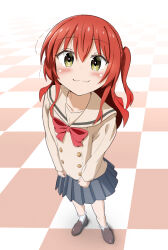  1girl :3 absurdres blush bocchi_the_rock! bow brown_sailor_collar brown_shirt brown_shoes checkered_floor collarbone commentary from_above full_body green_eyes hair_between_eyes highres kita_ikuyo long_hair looking_at_viewer looking_up one_side_up pleated_skirt red_bow red_eyes red_hair sailor_collar school_uniform shirt shoes shuka_high_school_uniform sim_evo simple_background skirt smile socks solo white_socks 
