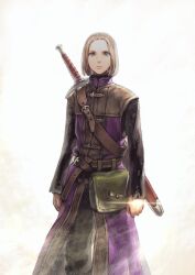  1boy bag belt belt_buckle black_pants black_shirt blonde_hair blue_eyes bob_cut brown_belt brown_jacket buckle closed_mouth commentary_request dragon_quest dragon_quest_xi fantasy feet_out_of_frame fog glowing green_bag hero_(dq11) highres jacket jun_(navigavi) lips long_sleeves looking_to_the_side looking_up male_focus nose pants scabbard sheath shirt short_hair simple_background sleeveless sleeveless_jacket solo standing sword sword_on_back weapon weapon_on_back white_background 