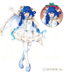  1girl :d ;d ahoge amamiya_kokoro arm_up asymmetrical_legwear bell belt blue_hair blue_ribbon blue_shoes bow bowtie braid breasts buttons capelet copyright_notice cross-laced_clothes cross-laced_dress crossed_legs crown different_zoom_layer double-breasted dress dress_bow flower full_body fur-trimmed_capelet fur_trim gold_trim green_bow hair_bell hair_flower hair_ornament hair_rings hand_up holding holding_microphone idol_clothes jingle_bell leg_ribbon long_hair looking_at_viewer microphone mini_crown nijisanji ninahachi official_art one_eye_closed orange_dress outstretched_arm pinstripe_sleeves platform_heels pleated_dress puffy_short_sleeves puffy_sleeves ribbon sample_watermark shoes short_dress short_sleeves shrug_(clothing) simple_background small_breasts smile solo standing strapless strapless_dress teeth thigh-highs thigh_belt thigh_strap tilted_headwear twin_braids two-tone_dress uneven_legwear upper_teeth_only very_long_hair virtual_youtuber watermark watson_cross waving white_background white_bow white_bowtie white_capelet white_dress white_ribbon white_shrug white_thighhighs wing_hair_ornament x_hair_ornament yellow_eyes zoom_layer 