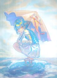  1girl blue_hair blue_vest clouds commentary_request geta grin heterochromia highres holding holding_umbrella jikokenjiyoku_1 long_sleeves looking_at_viewer rain sky smile solo squatting tatara_kogasa tongue tongue_out touhou umbrella vest 