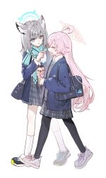  2girls ahoge animal_ear_fluff animal_ears aqua_eyes aqua_necktie aqua_scarf bag bag_charm black_bag black_pantyhose black_shoes blue_archive blue_halo blue_jacket blush charm_(object) chinese_commentary closed_eyes collared_shirt commentary_request crepe cross cross_hair_ornament extra_ears food food_on_face from_side full_body grey_hair grey_skirt grey_sweater hair_ornament halo handkerchief highres holding holding_crepe holding_food holding_handkerchief hoshino_(blue_archive) hoshino_(second_year)_(blue_archive) inverted_cross jacket kneehighs layered_sleeves long_hair long_sleeves looking_at_viewer making-of_available medium_hair mofufu_(bilibili_3546602002188494) multiple_girls necktie official_alternate_costume open_clothes open_jacket open_mouth pantyhose parted_lips pink_hair pink_halo plaid_clothes plaid_skirt pleated_skirt profile puffy_long_sleeves puffy_sleeves scarf school_uniform shiroko_(blue_archive) shirt shoes shoulder_bag sideways_mouth simple_background skirt smile sneakers socks stuffed_whale sweater very_long_hair walking white_background white_shirt white_shoes white_socks wolf_ears 