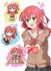  +++ 1girl absurdres apron black_skirt blush bocchi_the_rock! bow bowl box brown_cardigan cardigan chibi chocolate chocolate_making collarbone commentary cowboy_shot food green_eyes heart heart-shaped_box highres holding holding_bowl holding_chocolate holding_food incoming_gift kita_ikuyo long_hair long_sleeves looking_at_viewer mixing_bowl one_side_up open_mouth pleated_skirt red_apron red_bow red_hair red_ribbon ribbon school_uniform shuka_high_school_uniform sieve sim_evo skirt smile solo white_background 