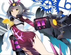  1girl ahoge bodysuit cable commentary_request duel_masters duel_masters_play's gauntlets grey_hair hair_ornament highres key koshian_(taiyaki) leotard mecha_musume medium_hair open_clothes open_vest purple_bodysuit purple_leotard solo torn_bodysuit torn_clothes torn_leotard vest vivi_(duel_masters_play's) white_vest yellow_eyes 