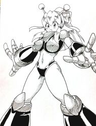  1girl :d aged_up android antennae armor armored_boots arms_up bikini_armor black_gorget blonde_hair boots breast_missiles breastplate breasts clenched_hands commentary_request covered_navel covered_nipples cowboy_shot earphones full_body gorget green_eyes green_ribbon groin hair_between_eyes hair_ribbon hairband hand_on_own_hip hand_up headphones high_ponytail highres hyper_roll_(marvel_vs._capcom) joints knee_boots knee_guards knee_pads large_breasts long_hair looking_at_viewer marvel_vs._capcom marvel_vs._capcom_2 mechanical_arms mechanical_boots mechanical_legs mega_man_(classic) mega_man_(series) metal_gloves miyako_(toykingpaint) monochrome navel ponytail radio_antenna ribbon robot robot_girl robot_joints roll_(mega_man) shoulder_armor sidelocks simple_background smile solo standing 