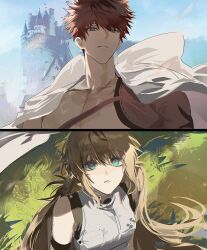  1boy 1girl abs artoria_caster_(fate) artoria_pendragon_(fate) avalon_le_fae_(fate/grand_order) blonde_hair cape emiya_shirou fate/grand_order fate_(series) highres holding holding_unworn_cape holding_unworn_clothes large_pectorals looking_at_another muscular muscular_male orange_hair pectorals senji_muramasa_(fate) single_bare_shoulder toned toned_male unworn_cape white_cape yeon_gaeng 