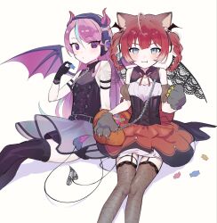  1girl :t akami_karubi animal_ears animal_hands bare_shoulders bat_wings black_gloves black_thighhighs blue_eyes blush braid breasts candy cleavage_cutout clothing_cutout commentary crazy_raccoon demon_horns demon_tail demon_wings detached_sleeves dress fishnet_thighhighs fishnets food garter_straps gloves gradient_eyes grey_gloves halloween highres holding holding_candy holding_food horns looking_at_viewer multicolored_eyes multiple_girls parted_bangs paw_gloves puffy_short_sleeves puffy_sleeves purple_hair purple_thighhighs red_hair sai_saburou selly55 short_sleeves sitting skirt sleeveless sleeveless_dress striped_background tail thigh-highs twin_braids untranslatable_commentary violet_eyes wings yellow_eyes 