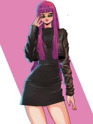  1girl black_dress black_jacket closed_mouth commentary cowboy_shot dress fern_(sousou_no_frieren) jacket long_hair looking_to_the_side o_soe_draws23 pink_lips purple_hair solo sousou_no_frieren 