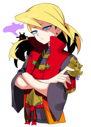  1boy absurdres aqua_eyes armor blonde_hair closed_mouth commentary_request cropped_torso crossed_arms highres japanese_armor jinbaori konyak9konnya9 kote kujura_(sekaiju) looking_at_viewer male_focus medium_hair sekaiju_no_meikyuu sekaiju_no_meikyuu_3 simple_background solo sword sword_on_back upper_body weapon weapon_on_back white_background 