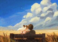  1boy 1girl absurdres aircraft airplane bare_shoulders bench blonde_hair blue_sky brown_hair casual clouds cloudy_sky commentary contrail day english_commentary field from_behind grass highres horizon katawa_shoujo leaning_on_person long_hair messy_hair mk_oka nakai_hisao outdoors painterly ponytail satou_lilly scenery short_hair sitting sky sunlight wheat_field 