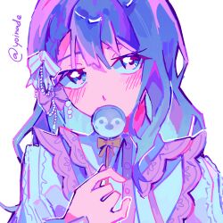  1girl alternate_hair_length_(longer) animal-themed_food artist_name asymmetrical_bangs bloom_festival_(project_sekai) blue_eyes blue_hair blush bow braid braided_bangs candy colorful commentary cool_colors covered_mouth dress english_commentary food frilled_dress frills gem hair_bow highres holding holding_candy holding_food holding_lollipop kiritani_haruka lollipop long_hair official_alternate_costume official_alternate_hairstyle pearl project_sekai simple_background solo upper_body white_background white_bow white_dress yoinade 