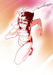  1girl breasts buruma cyrano_(aazzss3) glaring heavy_breathing highres looking_to_the_side medium_breasts navel original running shoes slit_pupils solo solo_focus steam sweat sweatdrop thighs tomboy track_and_field track_suit 