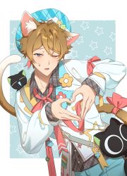  1boy animal_ears blue_eyes blue_flower bow brown_hair buttons cat_ears closed_eyes collared_shirt commentary cowboy_shot crossover ensemble_stars! extra_ears facing_viewer fingernails flower green_flower hat heart heart_hands highres hyuchyu layered_sleeves long_sleeves looking_at_viewer luo_xiaohei luo_xiaohei_(cat) male_focus nervous_sweating official_alternate_costume one_eye_closed open_mouth red_bow shirt short_hair star_(symbol) sweat takamine_midori the_legend_of_luo_xiaohei triangle_mouth wing_collar 