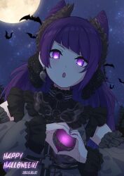  absurdres bat_(animal) commentary_request detached_sleeves earrings glowing glowing_eyes halloween heart heart_hands highres idolmaster idolmaster_shiny_colors jewelry moon night purple_hair sei_natori sky star_(sky) starry_sky tanaka_mamimi tree violet_eyes 