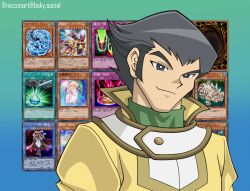  1boy absurdres black_hair bonding_-_h20 card card_background conduction_warrior_linear_magnum_plus_minus cursed_seal_of_the_forbidden_spell derivative_work hair_slicked_back head_tilt highres hydrogeddon litmus_doom_swordsman looking_at_viewer magic_cylinder magnet_warrior_omega male_focus medium_sideburns misawa_daichi niccon_art_guy official_style oxygeddon school_uniform screenshot_redraw short_hair sideburns smirk solo thick_eyebrows upper_body water_dragon_(yu-gi-oh!) white_magician_pikeru yu-gi-oh! yu-gi-oh!_gx 