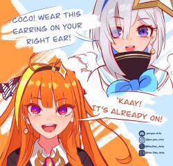  2girls amane_kanata blonde_hair blue_hair bow colored_inner_hair commentary diagonal-striped_bow discord_username dragon_ball dragon_ball_z dragon_horns earrings english_commentary english_text eyes_visible_through_hair fan_request grey_hair hair_over_one_eye halo highres hololive horn_bow horn_ornament horns instagram_username jewelry kiryu_coco multicolored_hair multiple_girls open_mouth orange_hair pen-pen_arts pink_hair pixiv_username potara_earrings round_teeth sailor_collar single_earring smile star_halo streaked_hair striped_bow teeth twitter_username two-tone_hair upper_teeth_only violet_eyes virtual_youtuber white_sailor_collar 