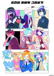  4girls 5boys ahoge ball bandaged_hand bandages billiard_ball black_gloves black_hair black_jacket black_necktie black_ribbon blazer blue_hair blue_jacket blue_jumpsuit blush braid brown_hat buttons chiebukuro_setsuka clown clown_nose coat collared_shirt curly_hair danganronpa:_trigger_happy_havoc danganronpa_(series) danganronpa_another danganronpa_another:_another_despair_academy danganronpa_v3:_killing_harmony expressionless eyelashes frills glasses gloves grey_eyes hair_between_eyes hair_ornament hair_over_one_eye hair_ribbon hair_rings hat highres holding holding_notepad holding_pen iranami_satsuki jacket jester_cap jewelry jumpsuit kirigiri_kyoko kisaragi_yamato layered_sleeves locked_arms long_hair long_sleeves mask mekaru_rei messy_hair military_hat mouth_mask multiple_boys multiple_girls necktie notepad one_eye_closed open_clothes open_mouth orange_hair orange_scarf pants pen pink_jumpsuit pock5766 polka_dot_headwear purple_hair red_eyes red_necktie red_nose ribbon saihara_shuichi scarf school_uniform shinguji_korekiyo shirt short_hair shoulder_pads side_braid single_hair_ring smile striped_clothes super_danganronpa_another_2 sweater_vest swept_bangs two-tone_headwear two-tone_jumpsuit undone_necktie utsuro_(danganronpa_another) vest violet_eyes white_gloves white_hat white_shirt yellow_eyes yomiuri_nikei 