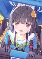  1girl animal_ear_hairband animal_ears black_gloves black_hair blue_archive blue_serafuku blue_shirt blunt_bangs commentary_request fake_animal_ears gloves goggles green_neckerchief grey_halo hair_ornament hairband halo highres in_container in_trash_can leaf leaf_hair_ornament long_hair looking_at_viewer miyu_(blue_archive) natie neckerchief open_mouth rabbit_ear_hairband rabbit_ears red_eyes sailor_collar school_uniform serafuku shirt trash_can 