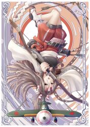  1girl absurdres aircraft airplane bow_(weapon) brown_eyes brown_hair drawing_bow e16a_zuiun floatplane hachimaki hair_ribbon hakama hakama_shorts headband high_ponytail highres holding holding_bow_(weapon) holding_weapon japanese_clothes kantai_collection long_hair muneate ponytail quiver ribbon seaplane seiya_(iiseven) shorts skirt striped_headband upside-down weapon zuihou_(kancolle) 