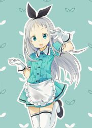  1boy :3 :d apron arm_up black_hairband black_shoes black_trim blend_s center_frills collared_shirt contrast_collar dorsiflexion_(wrist) floating_hair foot_out_of_frame frilled_apron frills giren gloves green_background green_eyes green_shirt green_skirt grey_hair hairband hand_up high_heels kanzaki_hideri long_hair long_sidelocks looking_at_viewer male_focus miniskirt open_mouth outline patterned_background pleated_skirt puffy_short_sleeves puffy_sleeves pumps shirt shoes short_sleeves sidelocks skirt smile solo standing standing_on_one_leg stile_uniform thigh-highs trap v-shaped_eyebrows very_long_hair w w_over_eye waist_apron white_apron white_background white_gloves white_outline white_thighhighs 