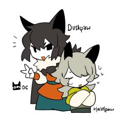  1boy 1girl animal_ears black_eyes black_hair cat_boy cat_ears cat_girl character_name chinese_commentary cloak closed_eyes commentary_request crossed_arms deformed flat_color flipped_hair fur-trimmed_hood fur_trim green_cloak grey_hair height_difference highres hood hood_down hooded_cloak medium_hair orange_robe original personification rehtaef robe simple_background sweat thunderclan_emblem u_u v warrior_cats white_background 