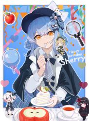  4girls :t absurdres apple balloon black_bow black_bowtie black_capelet blonde_hair blue_hair blue_necktie blue_skirt blush border bow bowtie braid braided_hair_rings brown_hair cake cake_slice capelet character_name chibi chibi_inset closed_mouth collared_shirt commentary_request cup deerstalker dot_nose drink eating food food_on_face fruit green_eyes grey_sweater hair_bow hair_rings hand_up happy_birthday hat hat_bow head_tilt highres holding holding_plate holding_spoon korean_commentary looking_at_viewer magnifying_glass mahou_shoujo_no_majo_saiban medium_hair multiple_girls necktie nikaido_hiro orange_eyes outline outside_border pink_eyes plaid_clothes plaid_skirt plate red_eyes sakuraba_ema saucer shirt skirt sleeve_cuffs solo_focus spoon straight-on sweater tachibana_sherry teacup tono_hanna white_border white_bow white_hair white_outline zhanshi_mei_xiangdao 