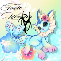  animal_print aqua_background aqua_eyes blue_fur cetacean_tail claws fins fish_tail flower forked_tail gradient_background green_background head_fins highres lennardo_(grim_the_end) leopard_print no_humans pink_flower pokemon pokemon_(creature) tail vaporeon white_flower yellow_background 