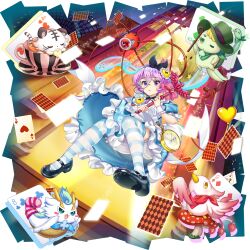  1girl alternate_costume apron back_bow bird black_hairband black_shoes bloomers blue_dress blue_thighhighs bow byakko disembodied_linked_eye dragon dress eastern_dragon eyeball frilled_dress frills full_body game_asset genbu hairband highres holding holding_wand komeiji_satori komeiji_satori_(astrological_magical_girl) looking_at_viewer mary_janes monocle multicolored_thighhighs official_art open_mouth phoenix pink_eyes pink_hair puffy_short_sleeves puffy_sleeves rotte_(1109) seiryuu shoes short_hair short_sleeves simple_background small_dragon solo striped_clothes striped_thighhighs suzaku thigh-highs third-party_source tiger touhou touhou_lostword transparent_background two-tone_thighhighs wand white_apron white_bloomers white_bow white_thighhighs white_tiger 
