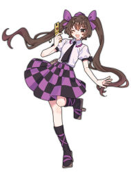  1girl :d absurdres black_necktie black_skirt bow brown_hair cellphone checkered_clothes checkered_skirt collared_shirt commentary_request flip_phone frilled_shirt_collar frills full_body geta hair_bow hat highres himekaidou_hatate holding holding_phone leg_up long_hair looking_at_viewer necktie nnn_lu one-hour_drawing_challenge open_mouth phone puffy_short_sleeves puffy_sleeves purple_bow purple_hat purple_skirt shirt short_sleeves simple_background skirt smile solo tengu-geta tokin_hat touhou twintails two-tone_skirt very_long_hair white_background 