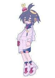  1boy applin black_hair blue_shirt blue_socks blush collared_shirt full_body gloves hair_between_eyes hairband jacket kieran_(pokemon) long_sleeves male_focus mole mole_on_neck multicolored_hair on_head open_mouth pokemon pokemon_(creature) pokemon_on_head pokemon_scarlet_and_violet purple_hair sgrkawae shirt shoes shorts simple_background single_glove socks white_background white_jacket white_shoes white_shorts yellow_eyes yellow_hairband 