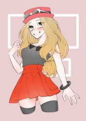  1girl black_shirt black_thighhighs blonde_hair commentary_request eyewear_on_headwear grey_eyes highres long_hair looking_at_viewer mega_ring ofuton_1414 pink_background pokemon pokemon_x_and_y red_skirt serena_(pokemon) shirt simple_background skirt sleeveless sleeveless_shirt smile solo standing thigh-highs upper_body white-framed_eyewear 