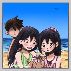  aubrey_(faraway)_(omori) aubrey_(omori) beach bird blush commentary english_commentary hermit_crab hero_(faraway)_(omori) hero_(omori) kyhira mari_(faraway)_(omori) mari_(omori) ocean omori sand seagull staring swimsuit water waves 
