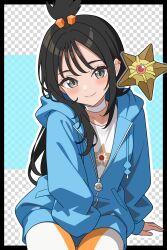  1girl absurdres black_hair blue_hoodie blush choker closed_mouth collarbone commentary_request cube_hair_ornament earclip grey_eyes hair_ornament highres hood hood_down hoodie jacket leggings lida_(pokemon) long_hair long_sleeves looking_at_viewer odorukaminoke orange_leggings pokemon pokemon_(creature) pokemon_legends:_z-a shirt sitting smile staryu topknot two-tone_legwear white_choker white_leggings wispy_bangs 