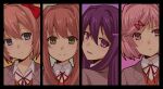  4girls blue_eyes blue_skirt blush bow breasts brown_hair closed_mouth doki_doki_literature_club eyebrows_visible_through_hair green_eyes hair_bow hair_ornament large_breasts lips long_hair looking_at_viewer matsudora monika_(doki_doki_literature_club) multiple_girls natsuki_(doki_doki_literature_club) open_mouth pink_eyes pink_hair pleated_skirt ponytail purple_eyes purple_hair red_bow sayori_(doki_doki_literature_club) short_hair skirt smile solo white_bow x_hair_ornament yuri_(doki_doki_literature_club) 