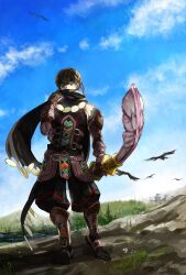  1boy adjusting_scarf bird black_pants black_scarf black_shirt blue_sky boots bow_(weapon) brown_boots brown_hair castle clouds commentary_request dated_commentary day fantasy_earth_zero forest full_body gauntlets green_eyes holding holding_bow_(weapon) holding_weapon looking_at_viewer male_focus morozumi_s nature outdoors pants scarf scout_(fantasy_earth) shirt short_hair sky sleeveless sleeveless_shirt solo standing weapon 