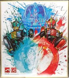  3boys animification armor clenched_hand commentary_request compound_eyes kamen_rider kamen_rider_den-o kamen_rider_den-o_(series) kamen_rider_zeronos kamen_rider_zeronos_(altair_form) kamen_rider_zeronos_(zero_form) kuchibiru_keisuke looking_at_viewer male_focus multiple_boys official_art rider_kick tokusatsu traditional_media 