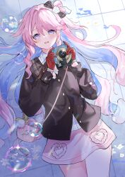  1girl absurdres air_bubble alternate_costume black_bow blue_eyes blue_hair blush bow bubble camera colored_inner_hair commentary denia_(wuthering_waves) gloves hair_bow hair_intakes hair_spread_out highres hitsuki_(ruon) holding holding_camera long_hair long_sleeves looking_at_viewer lying making-of_available multicolored_hair on_back open_mouth pink_hair pink_skirt purple_hair red_gloves skirt smile solo wuthering_waves 
