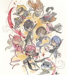  3boys 5girls amamiya_ren axe black_hair blonde_hair blue_eyes blue_hair brown_hair cat cat_mask cavalier_hat chibi chibi_only dated domino_mask eye_mask fox_(persona_5) fox_mask gloves grey_eyes hat highres holding holding_axe holding_lead_pipe holding_sword holding_weapon holding_whip joker_(persona_5) katana kitagawa_yusuke lead_pipe long_hair mask medium_hair morgana_(persona_5) multiple_boys multiple_girls niijima_makoto noir_(persona_5) okumura_haru oracle_(persona_5) orange_hair panther_(persona_5) peach_momoko persona persona_5 persona_5_the_royal phantom_thief pink_eyes pink_gloves ponytail purple_gloves queen_(persona_5) rapier red_eyes red_gloves red_hair sakamoto_ryuji sakura_futaba short_hair signature skull_(persona_5) skull_mask spiked_knuckles sword takamaki_ann traditional_media twintails two-tone_background violet_(persona_5) violet_eyes weapon whip white_background yellow_background yellow_gloves yoshizawa_kasumi 