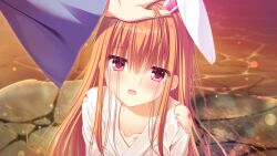  1boy 1girl animal_ears collarbone da_capo da_capo_iv evening furisode game_asset half-closed_eyes hand_on_another's_head highres injury japanese_clothes kimono long_hair long_sleeves non-web_source open_mouth orange_hair oumi_sorane outdoors pink_eyes purple_kimono rabbit_ears river self-datamine straight-on tanihara_natsuki torn_clothes water_drop wet wet_clothes white_kimono 