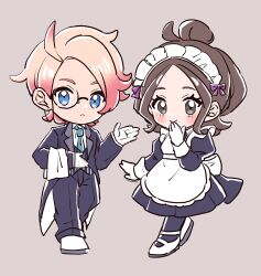  1boy 1girl :< alternate_costume apron black_dress black_jacket black_pantyhose black_vest blonde_hair blue_eyes blue_necktie bow brown_eyes brown_hair chibi dress full_body gloves grey_background hair_bun harmony_(pokemon) highres jacket kino_haruc looking_at_viewer maid_apron maid_headdress monocle necktie pantyhose pink_hair pokemon pokemon_legends:_z-a purple_bow shoes shorts simple_background standing tailcoat towel towel_on_arm urbain_(pokemon) vest white_apron white_gloves white_shoes 