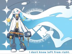  1girl absurdly_long_hair arrow_hair_ornament arrow_symbol_hair_ornament artist_logo black_pants blue_boots blue_eyes blue_hair blurry blurry_background boots bright_pupils closed_mouth coat colored_inner_hair commentary_request english_text full_body highres liquid_hair logo long_hair long_sleeves looking_at_viewer multicolored_hair original pants parted_bangs septem_(catnokingb612) sleeves_past_fingers sleeves_past_wrists solo sparkle standing thick_eyebrows very_long_hair white_coat white_hair white_pupils zipper zipper_pull_tab 