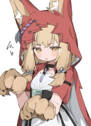  1girl :o animal_ear_fluff animal_ears animal_hands arknights arknights:_endfield belt blonde_hair blush cape dot_nose double-parted_bangs dress ears_through_headwear ears_through_hood gloves high-waist_belt highres hood hood_up hooded_cape jewelry medium_hair necklace paw_gloves paw_pose red_cape red_hood rossi_(arknights) sidelocks simple_background solo straight-on tntl_nemui tooth_necklace upper_body white_background white_dress wolf_ears wolf_girl yellow_eyes 