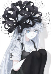  1girl absurdres amamizu_shizuku black_dress black_flower black_pantyhose blue_eyes commentary_request dress flower hair_bun hair_flower hair_ornament highres long_hair looking_at_viewer original pantyhose pinafore_dress shadow shirt short_sleeves single_hair_bun sleeveless sleeveless_dress solo spider_lily squatting white_background white_hair white_shirt 
